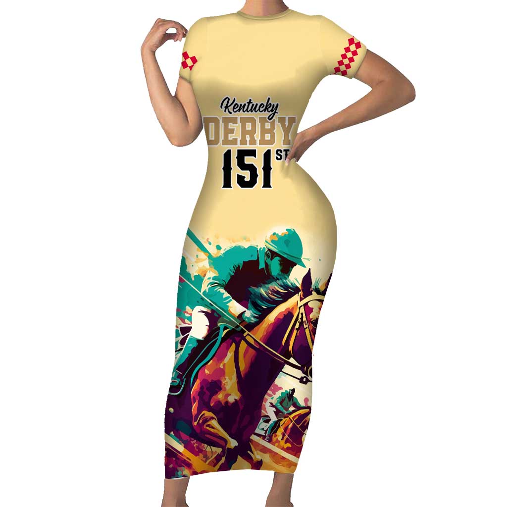 Kentucky Horse Racing Short Sleeve Bodycon Dress 151st Anniversary Sporting Art Gold Version LT9