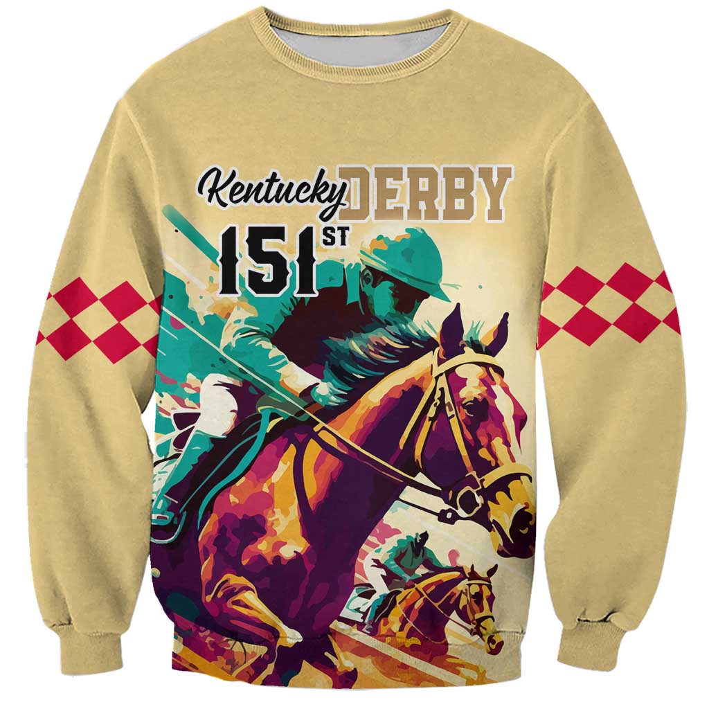 Kentucky Horse Racing Sweatshirt 151st Anniversary Sporting Art Gold Version LT9