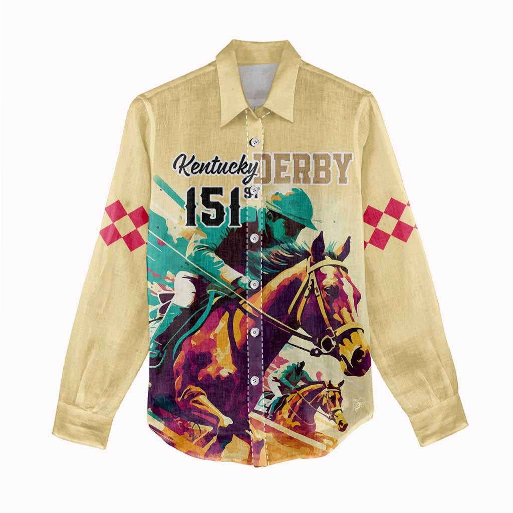 Kentucky Horse Racing Women Casual Shirt 151st Anniversary Sporting Art Gold Version LT9