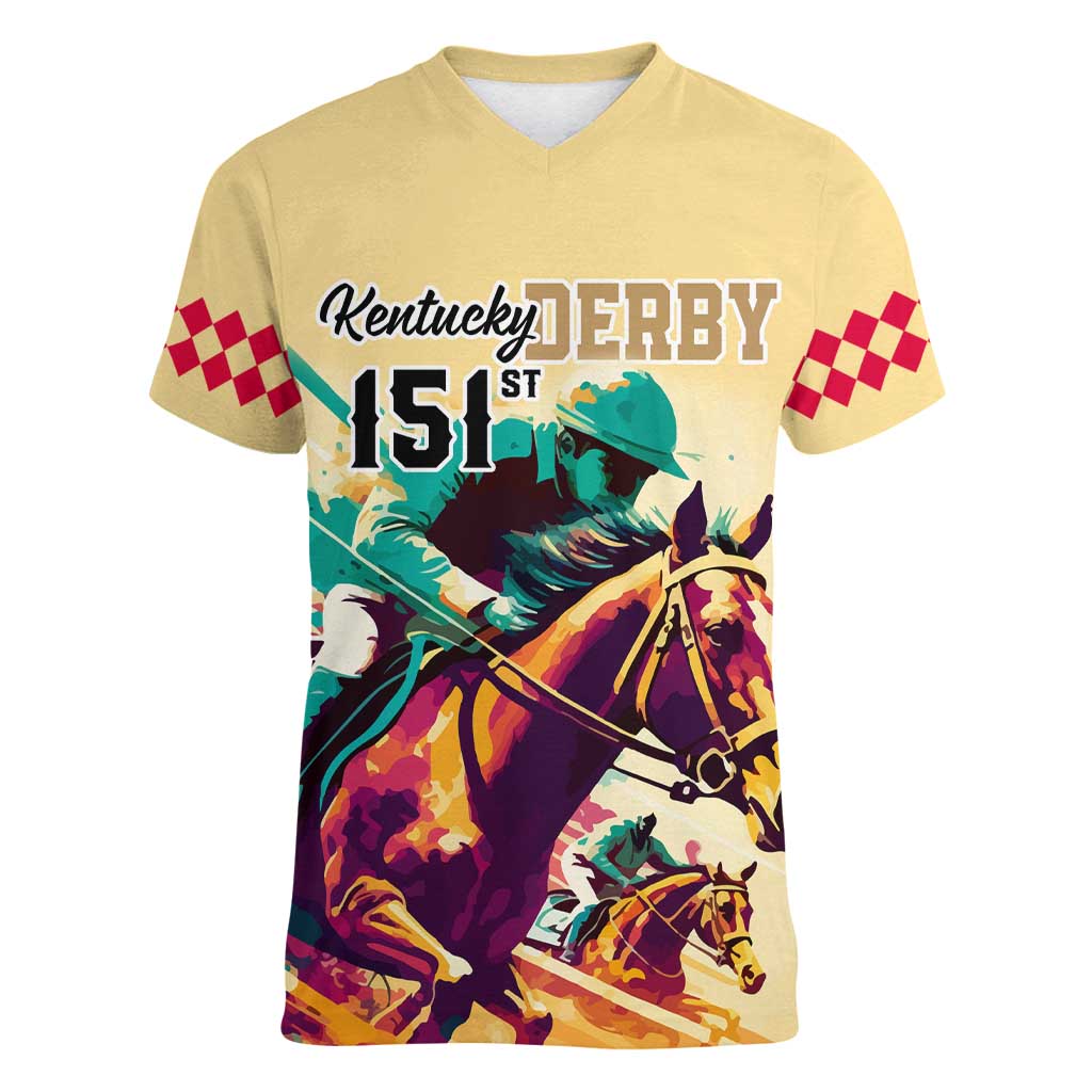 Kentucky Horse Racing Women V Neck T Shirt 151st Anniversary Sporting Art Gold Version LT9