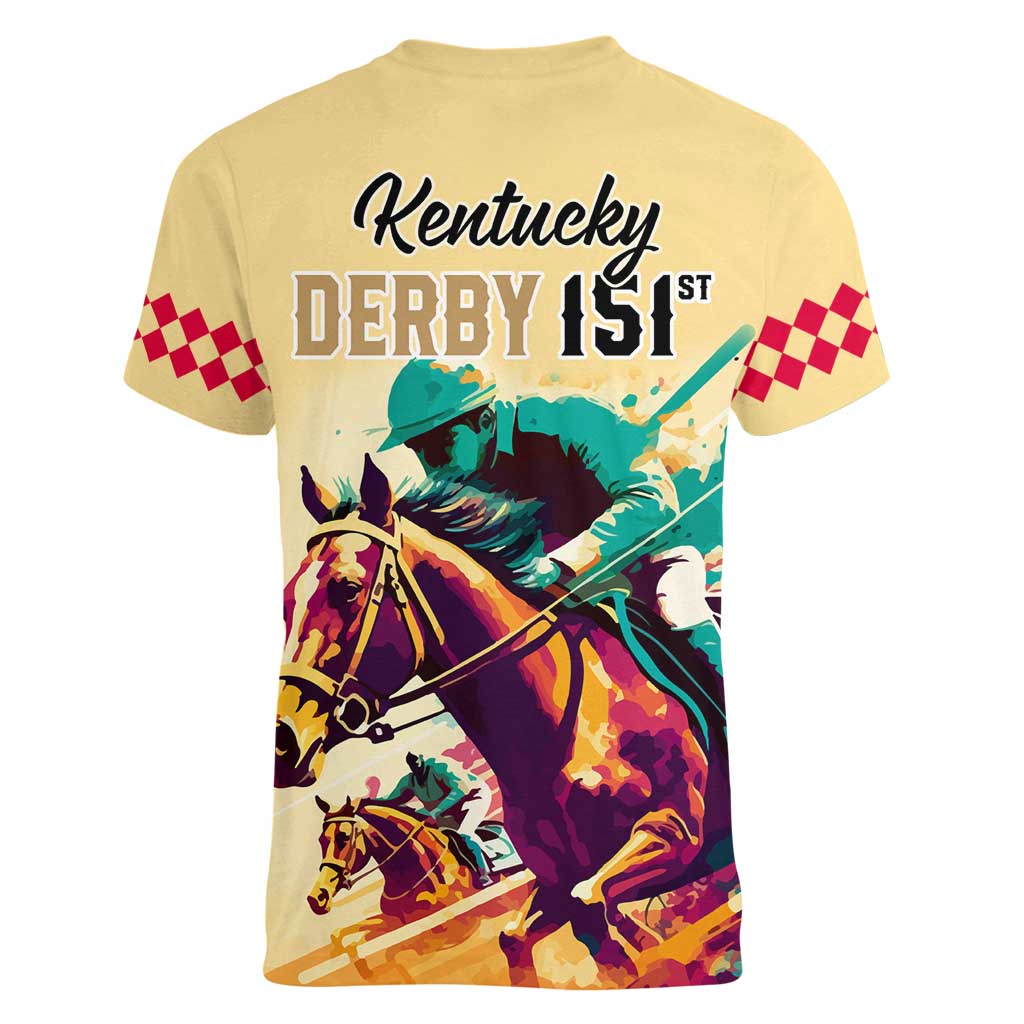 Kentucky Horse Racing Women V Neck T Shirt 151st Anniversary Sporting Art Gold Version LT9