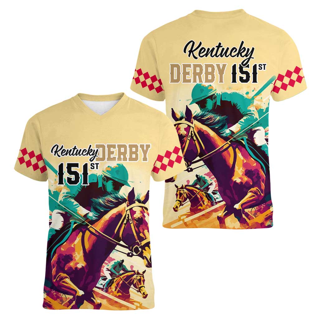 Kentucky Horse Racing Women V Neck T Shirt 151st Anniversary Sporting Art Gold Version LT9
