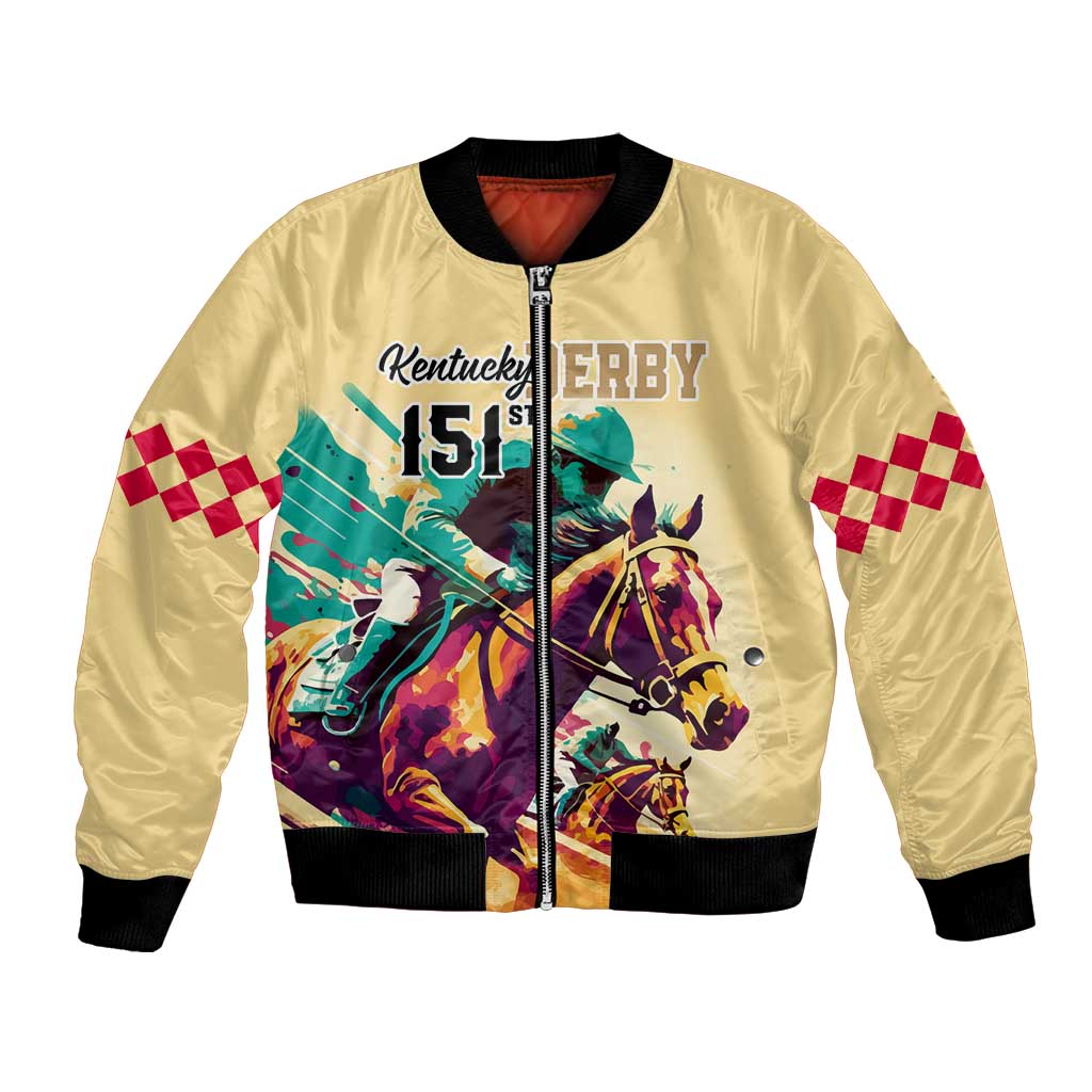 Personalised Kentucky Horse Racing Bomber Jacket 151st Anniversary Sporting Art Gold Version LT9