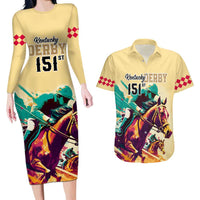 Personalised Kentucky Horse Racing Couples Matching Long Sleeve Bodycon Dress and Hawaiian Shirt 151st Anniversary Sporting Art Gold Version LT9