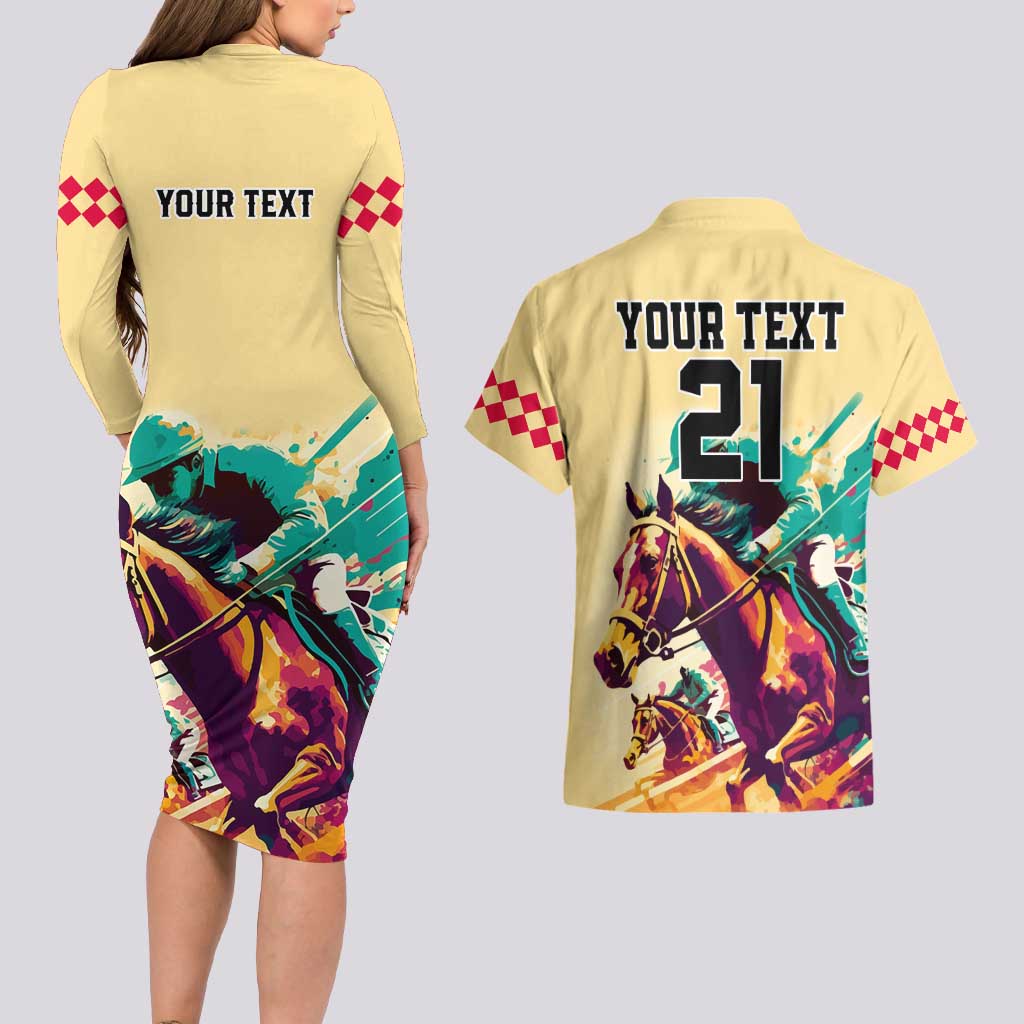 Personalised Kentucky Horse Racing Couples Matching Long Sleeve Bodycon Dress and Hawaiian Shirt 151st Anniversary Sporting Art Gold Version LT9
