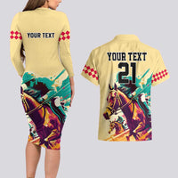 Personalised Kentucky Horse Racing Couples Matching Long Sleeve Bodycon Dress and Hawaiian Shirt 151st Anniversary Sporting Art Gold Version LT9