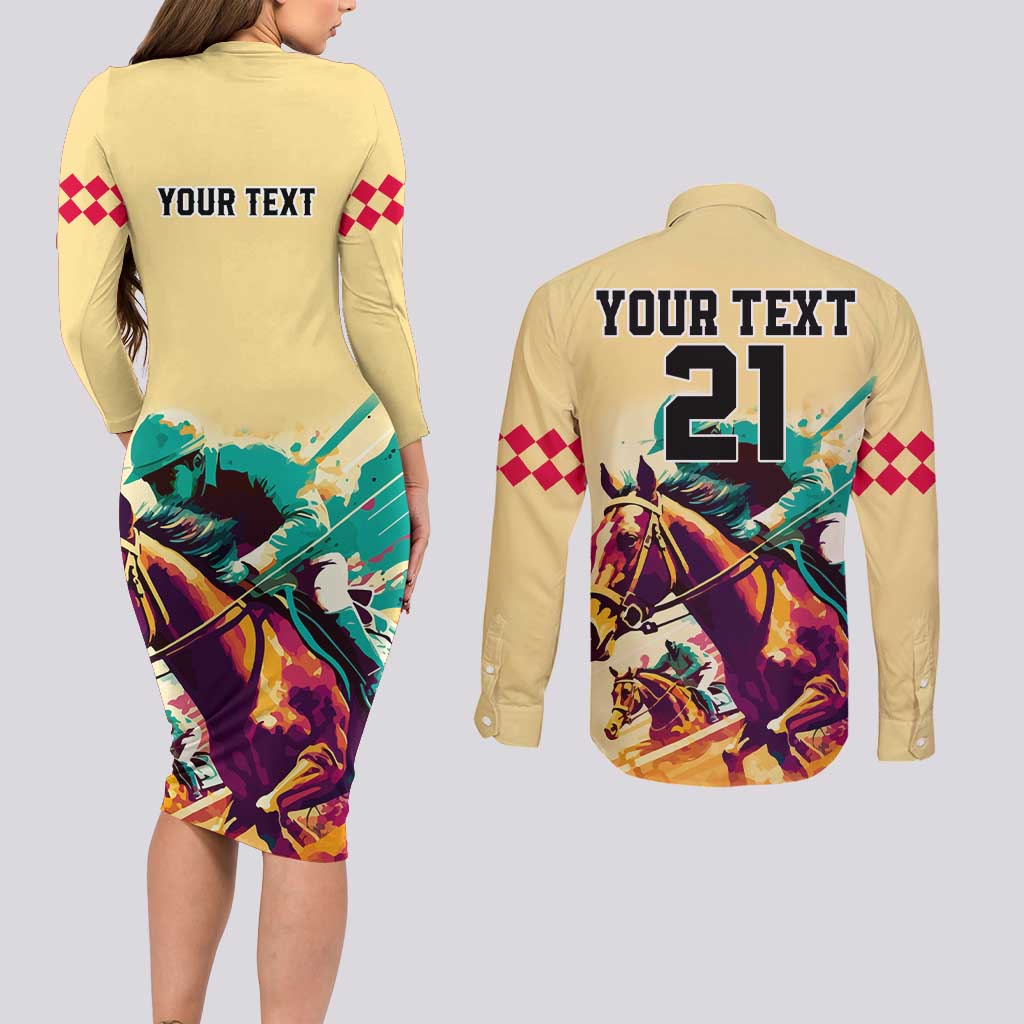 Personalised Kentucky Horse Racing Couples Matching Long Sleeve Bodycon Dress and Long Sleeve Button Shirts 151st Anniversary Sporting Art Gold Version LT9