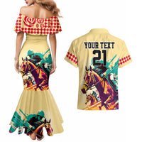 Personalised Kentucky Horse Racing Couples Matching Mermaid Dress and Hawaiian Shirt 151st Anniversary Sporting Art Gold Version LT9