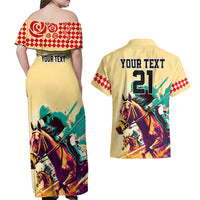 Personalised Kentucky Horse Racing Couples Matching Off Shoulder Maxi Dress and Hawaiian Shirt 151st Anniversary Sporting Art Gold Version LT9