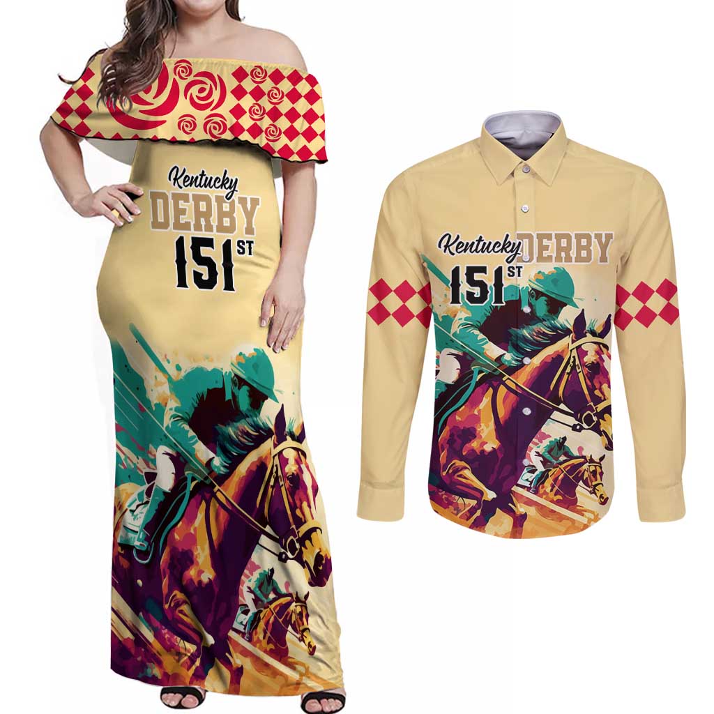 Personalised Kentucky Horse Racing Couples Matching Off Shoulder Maxi Dress and Long Sleeve Button Shirts 151st Anniversary Sporting Art Gold Version LT9
