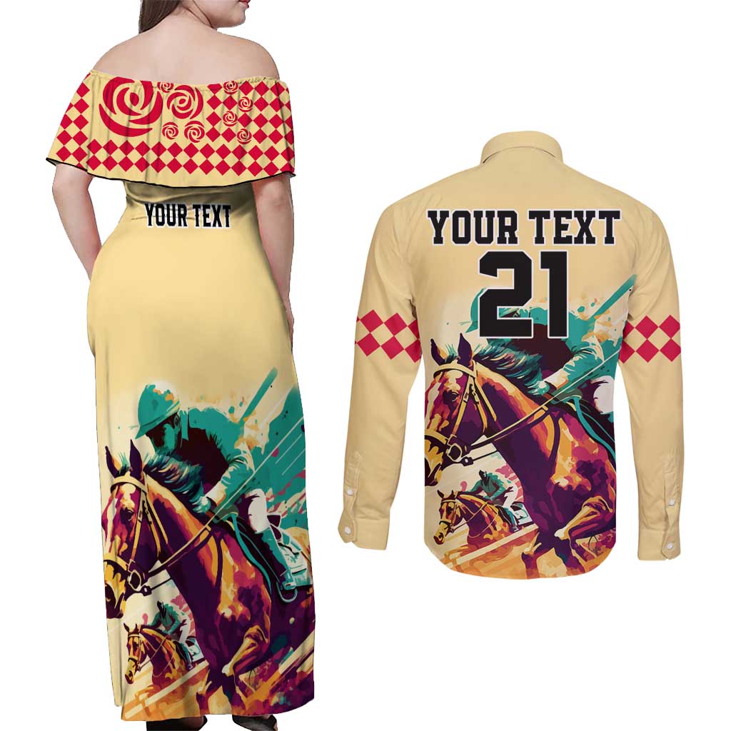 Personalised Kentucky Horse Racing Couples Matching Off Shoulder Maxi Dress and Long Sleeve Button Shirts 151st Anniversary Sporting Art Gold Version LT9