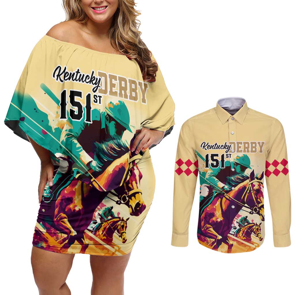 Personalised Kentucky Horse Racing Couples Matching Off Shoulder Short Dress and Long Sleeve Button Shirts 151st Anniversary Sporting Art Gold Version LT9
