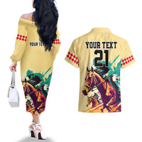 Personalised Kentucky Horse Racing Couples Matching Off The Shoulder Long Sleeve Dress and Hawaiian Shirt 151st Anniversary Sporting Art Gold Version LT9