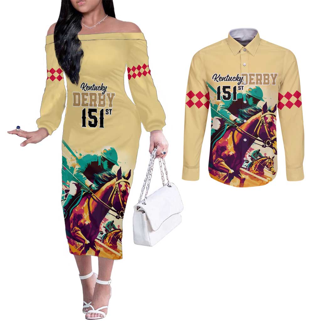 Personalised Kentucky Horse Racing Couples Matching Off The Shoulder Long Sleeve Dress and Long Sleeve Button Shirts 151st Anniversary Sporting Art Gold Version LT9