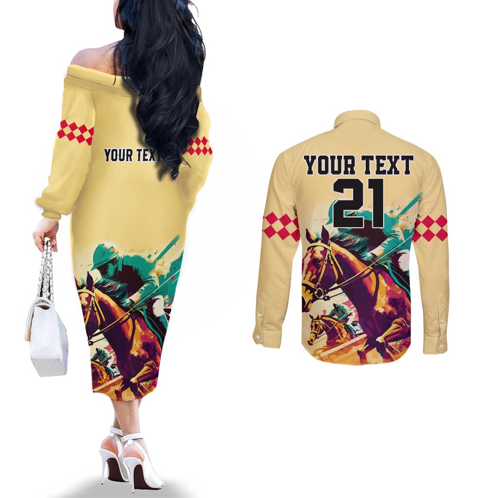 Personalised Kentucky Horse Racing Couples Matching Off The Shoulder Long Sleeve Dress and Long Sleeve Button Shirts 151st Anniversary Sporting Art Gold Version LT9