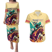 Personalised Kentucky Horse Racing Couples Matching Puletasi Dress and Hawaiian Shirt 151st Anniversary Sporting Art Gold Version LT9