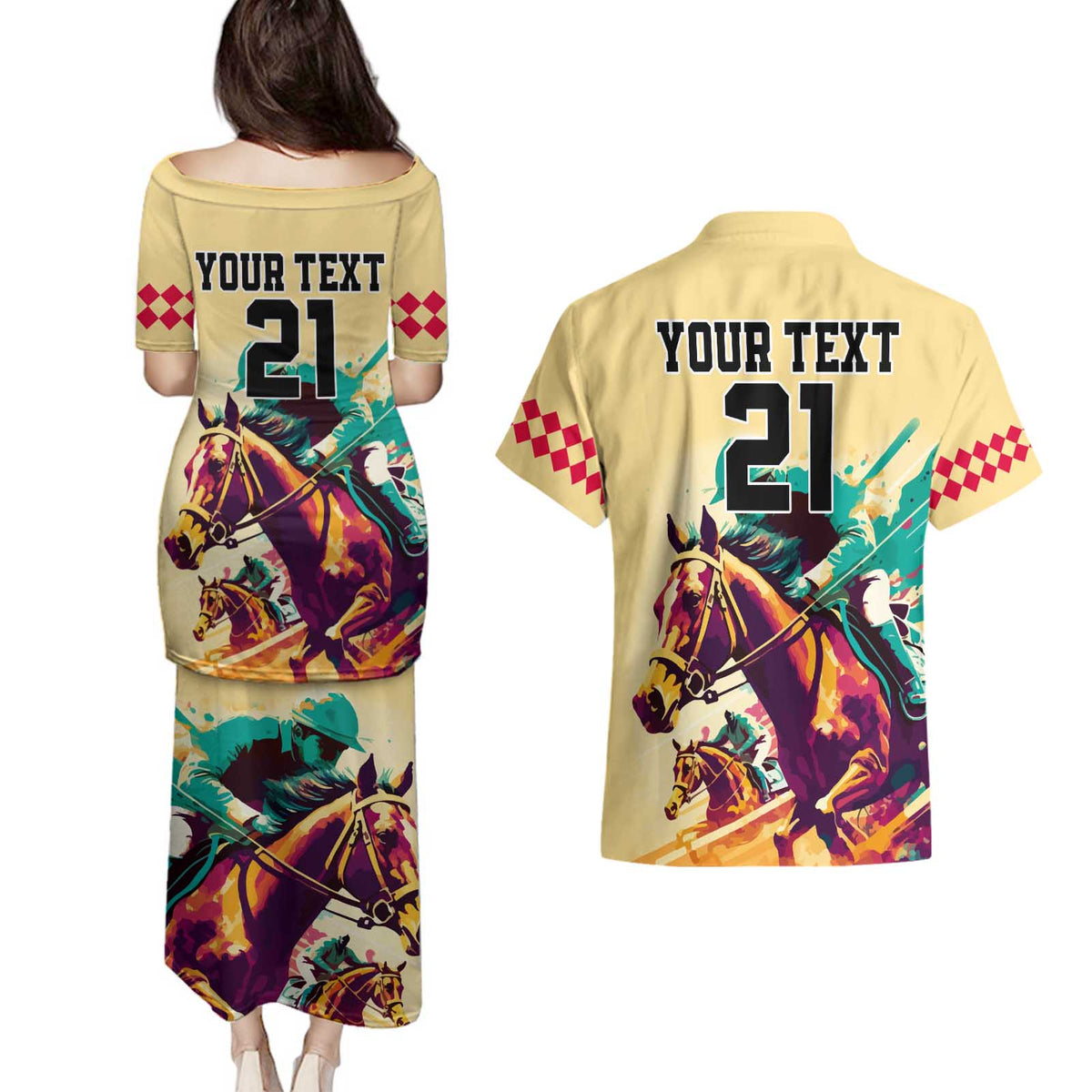 Personalised Kentucky Horse Racing Couples Matching Puletasi Dress and Hawaiian Shirt 151st Anniversary Sporting Art Gold Version LT9
