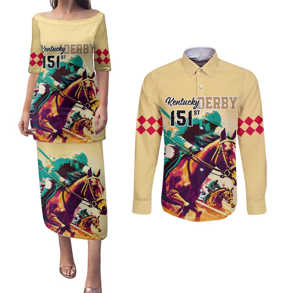 Personalised Kentucky Horse Racing Couples Matching Puletasi Dress and Long Sleeve Button Shirts 151st Anniversary Sporting Art Gold Version LT9