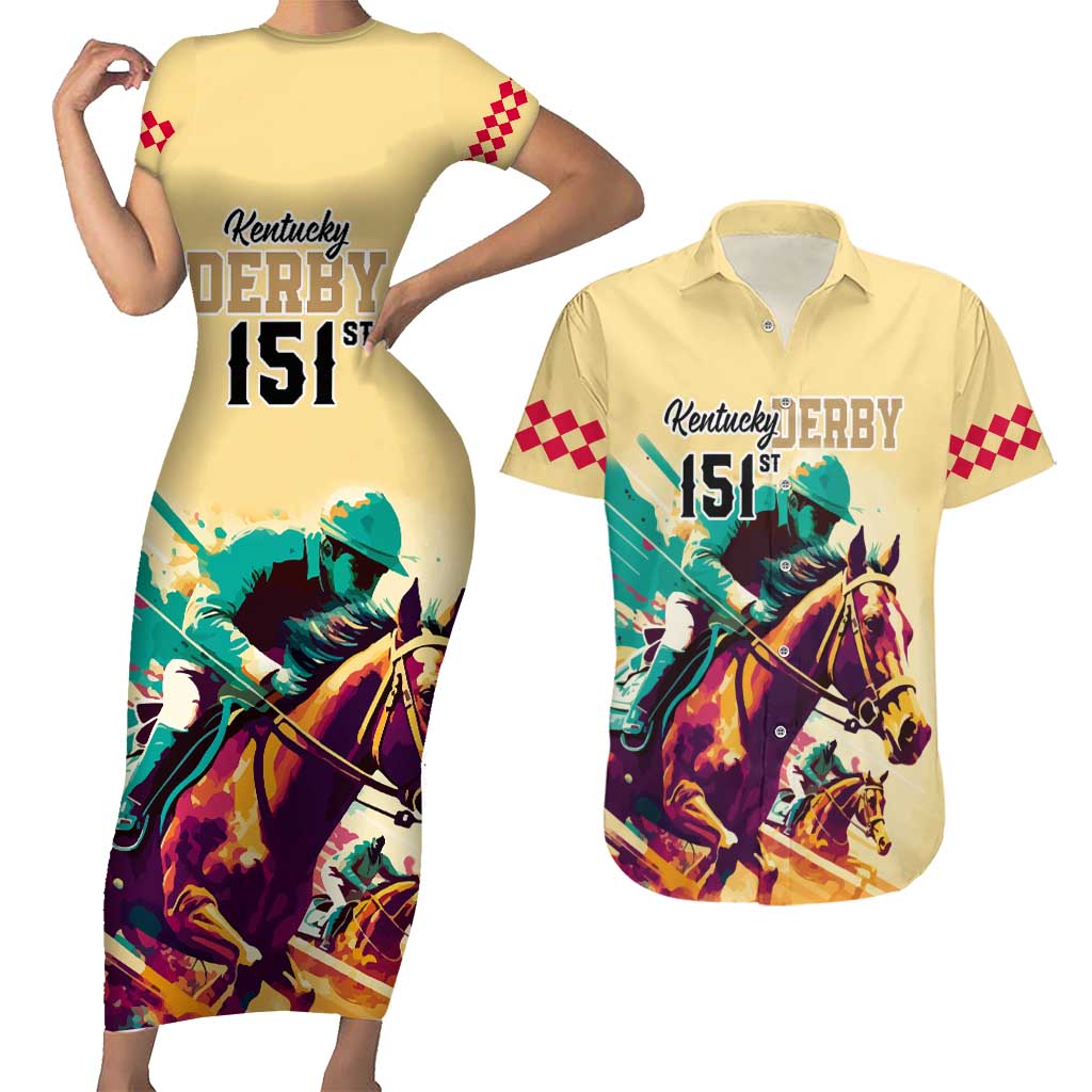 Personalised Kentucky Horse Racing Couples Matching Short Sleeve Bodycon Dress and Hawaiian Shirt 151st Anniversary Sporting Art Gold Version LT9