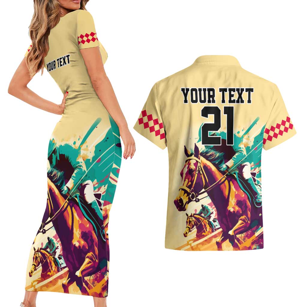 Personalised Kentucky Horse Racing Couples Matching Short Sleeve Bodycon Dress and Hawaiian Shirt 151st Anniversary Sporting Art Gold Version LT9