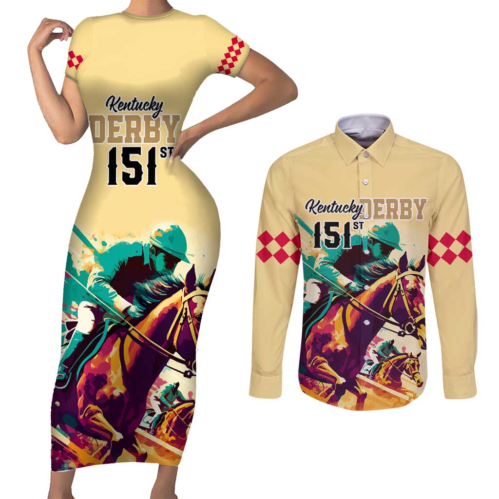 Personalised Kentucky Horse Racing Couples Matching Short Sleeve Bodycon Dress and Long Sleeve Button Shirts 151st Anniversary Sporting Art Gold Version LT9