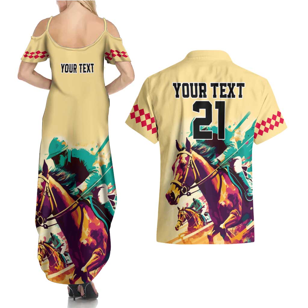 Personalised Kentucky Horse Racing Couples Matching Summer Maxi Dress and Hawaiian Shirt 151st Anniversary Sporting Art Gold Version LT9