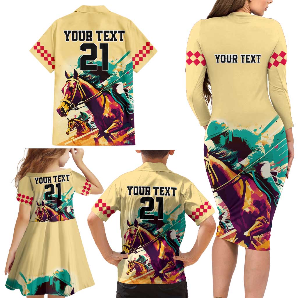 Personalised Kentucky Horse Racing Family Matching Long Sleeve Bodycon Dress and Hawaiian Shirt 151st Anniversary Sporting Art Gold Version LT9