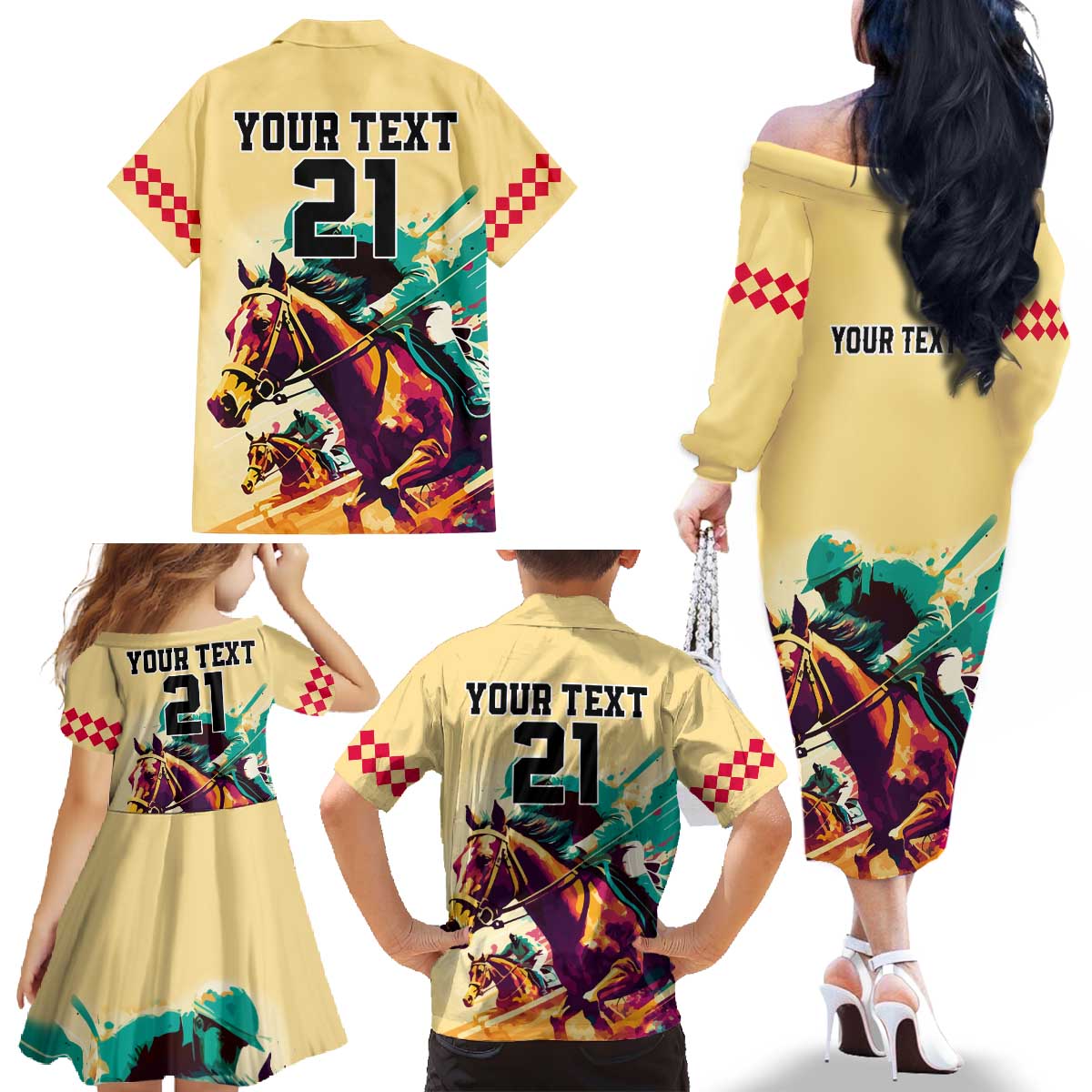 Personalised Kentucky Horse Racing Family Matching Off Shoulder Long Sleeve Dress and Hawaiian Shirt 151st Anniversary Sporting Art Gold Version LT9