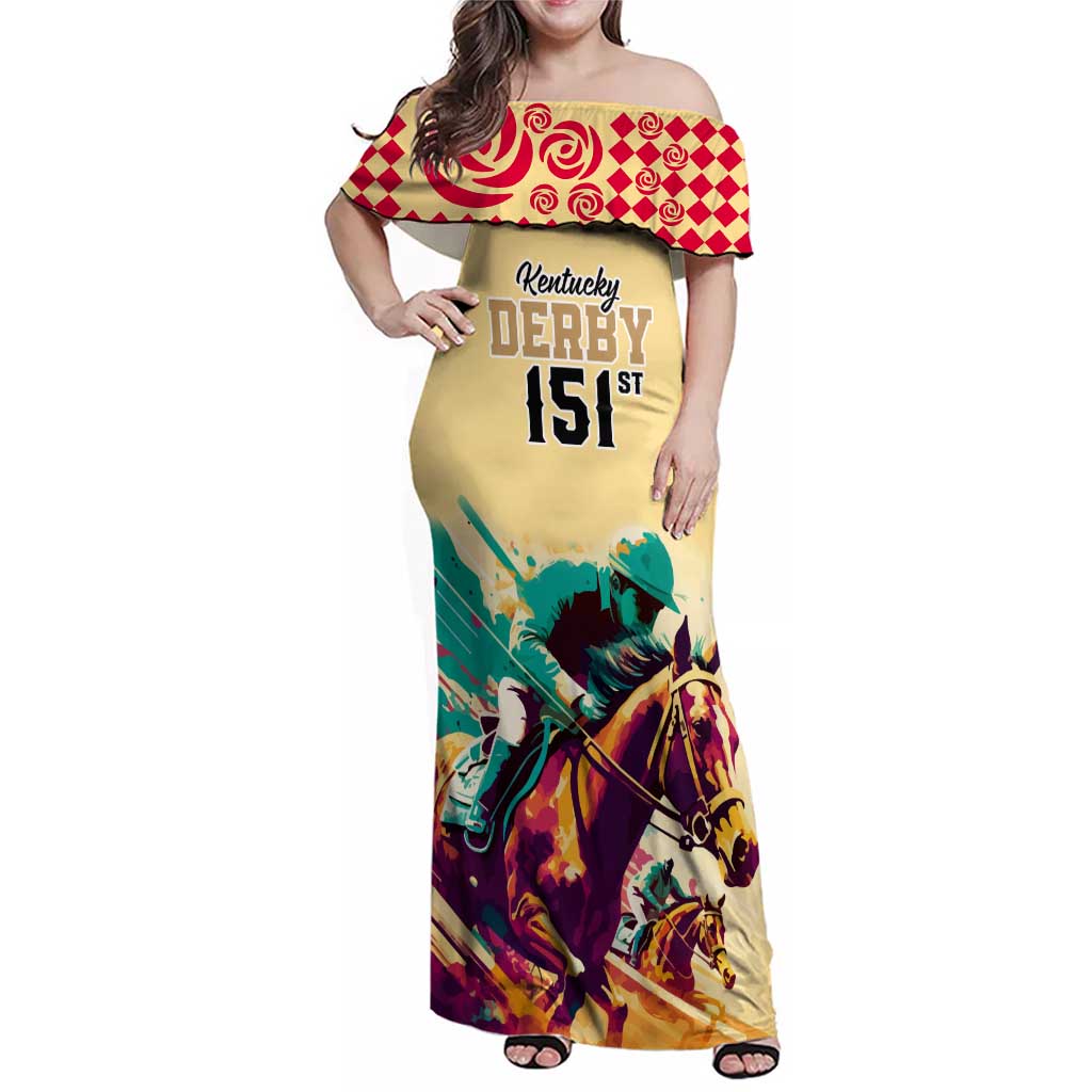 Personalised Kentucky Horse Racing Family Matching Off Shoulder Maxi Dress and Hawaiian Shirt 151st Anniversary Sporting Art Gold Version LT9