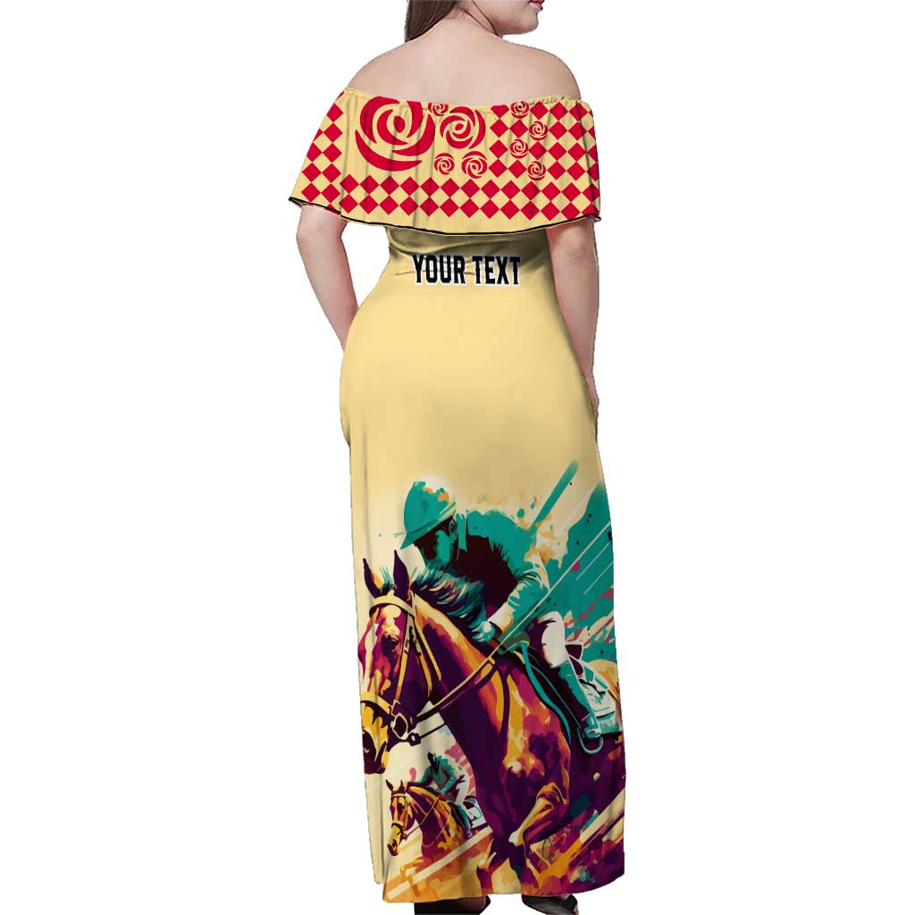 Personalised Kentucky Horse Racing Family Matching Off Shoulder Maxi Dress and Hawaiian Shirt 151st Anniversary Sporting Art Gold Version LT9