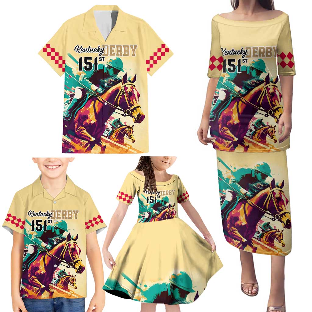 Personalised Kentucky Horse Racing Family Matching Puletasi Dress and Hawaiian Shirt 151st Anniversary Sporting Art Gold Version LT9