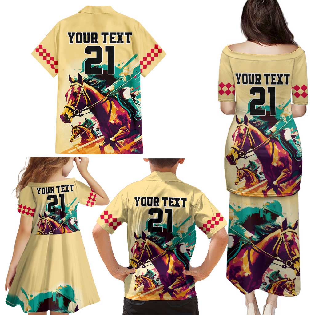 Personalised Kentucky Horse Racing Family Matching Puletasi Dress and Hawaiian Shirt 151st Anniversary Sporting Art Gold Version LT9