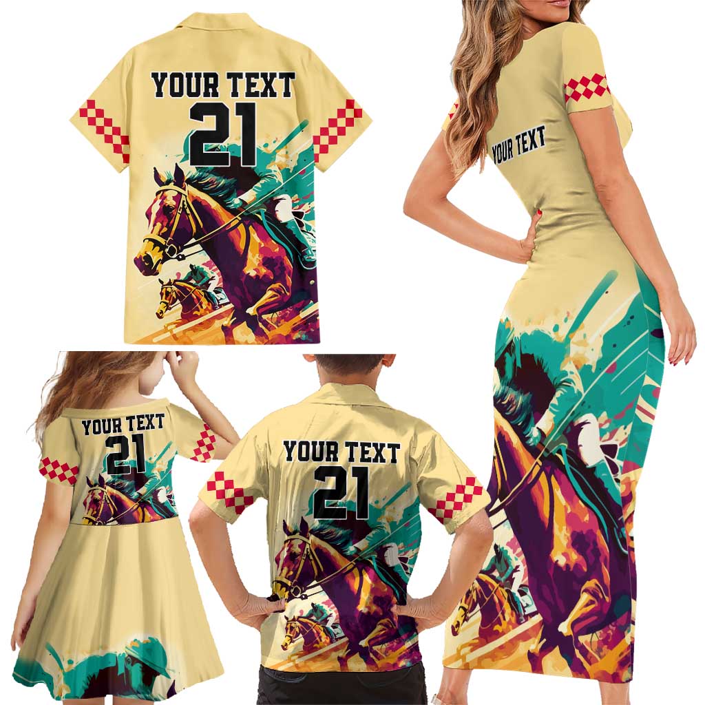 Personalised Kentucky Horse Racing Family Matching Short Sleeve Bodycon Dress and Hawaiian Shirt 151st Anniversary Sporting Art Gold Version LT9