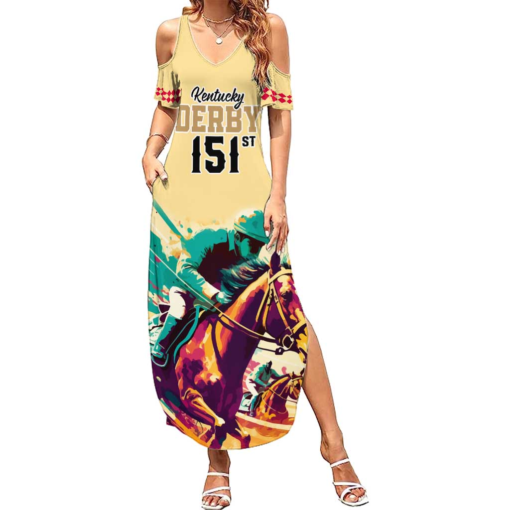 Personalised Kentucky Horse Racing Family Matching Summer Maxi Dress and Hawaiian Shirt 151st Anniversary Sporting Art Gold Version LT9