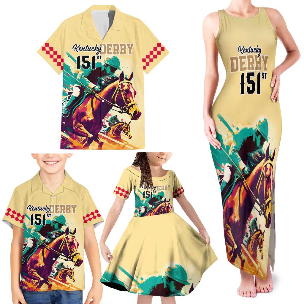 Personalised Kentucky Horse Racing Family Matching Tank Maxi Dress and Hawaiian Shirt 151st Anniversary Sporting Art Gold Version LT9