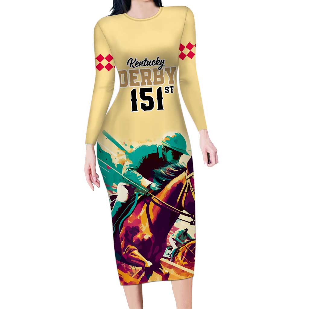 Personalised Kentucky Horse Racing Long Sleeve Bodycon Dress 151st Anniversary Sporting Art Gold Version LT9