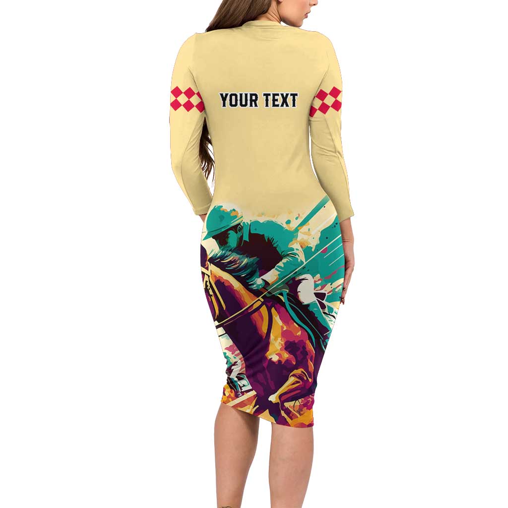 Personalised Kentucky Horse Racing Long Sleeve Bodycon Dress 151st Anniversary Sporting Art Gold Version LT9