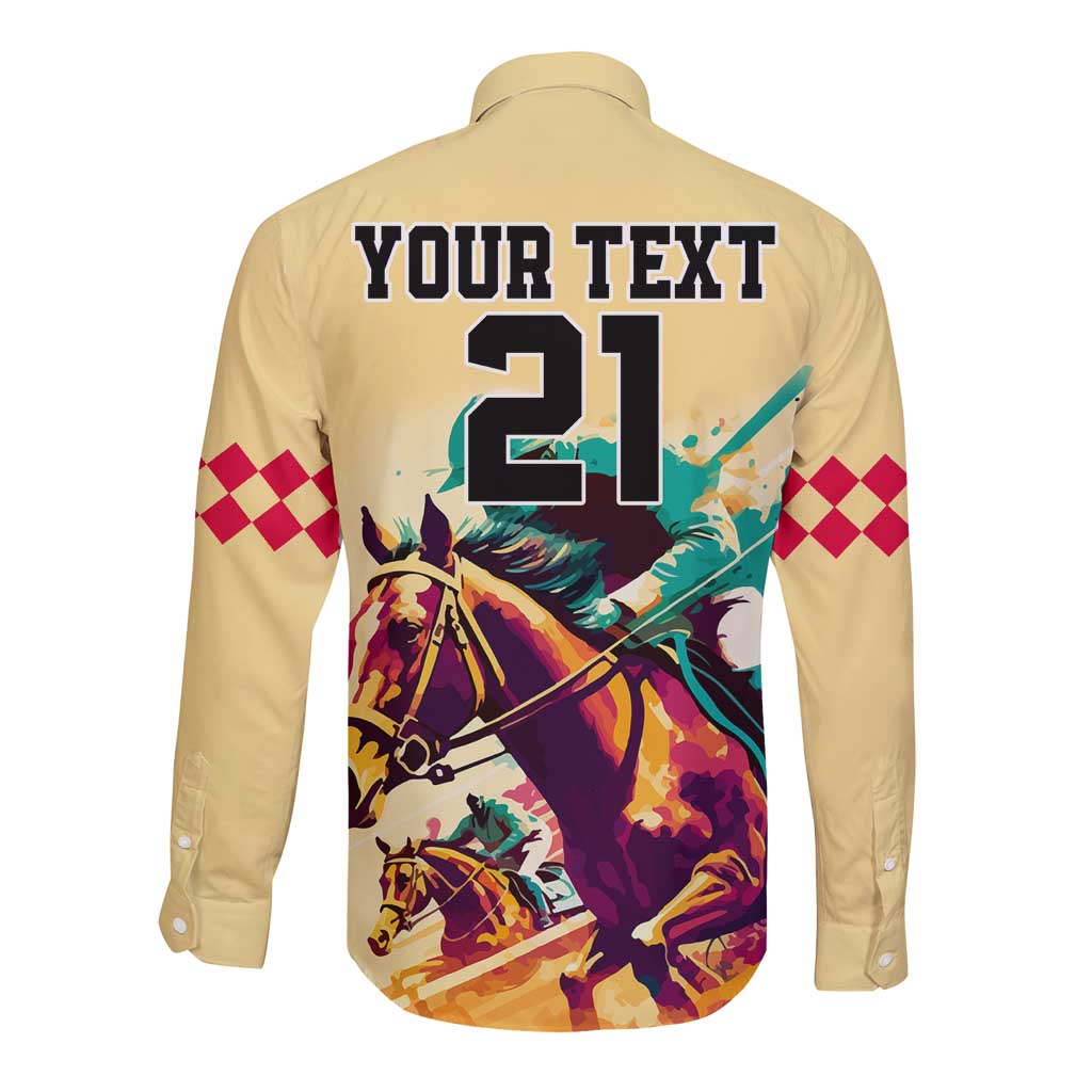 Personalised Kentucky Horse Racing Long Sleeve Button Shirt 151st Anniversary Sporting Art Gold Version LT9