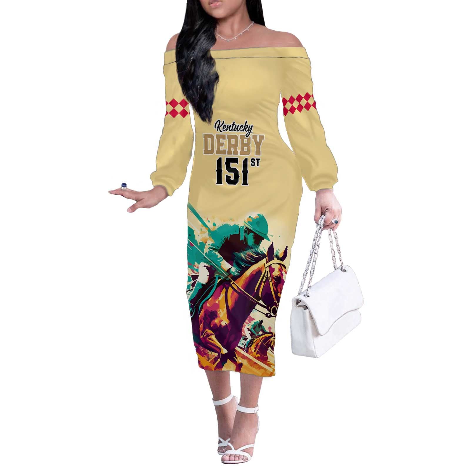 Personalised Kentucky Horse Racing Off The Shoulder Long Sleeve Dress 151st Anniversary Sporting Art Gold Version LT9