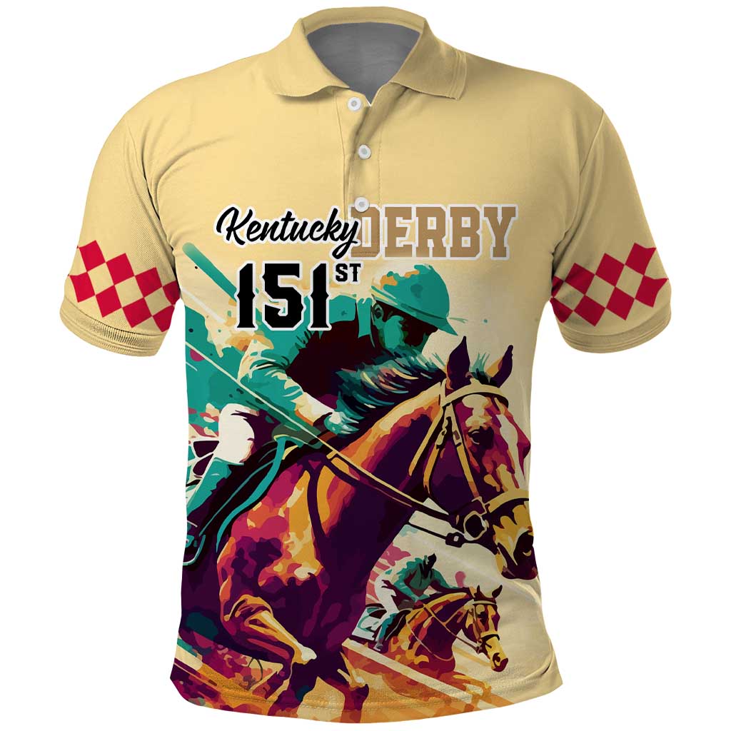 Personalised Kentucky Horse Racing Polo Shirt 151st Anniversary Sporting Art Gold Version LT9