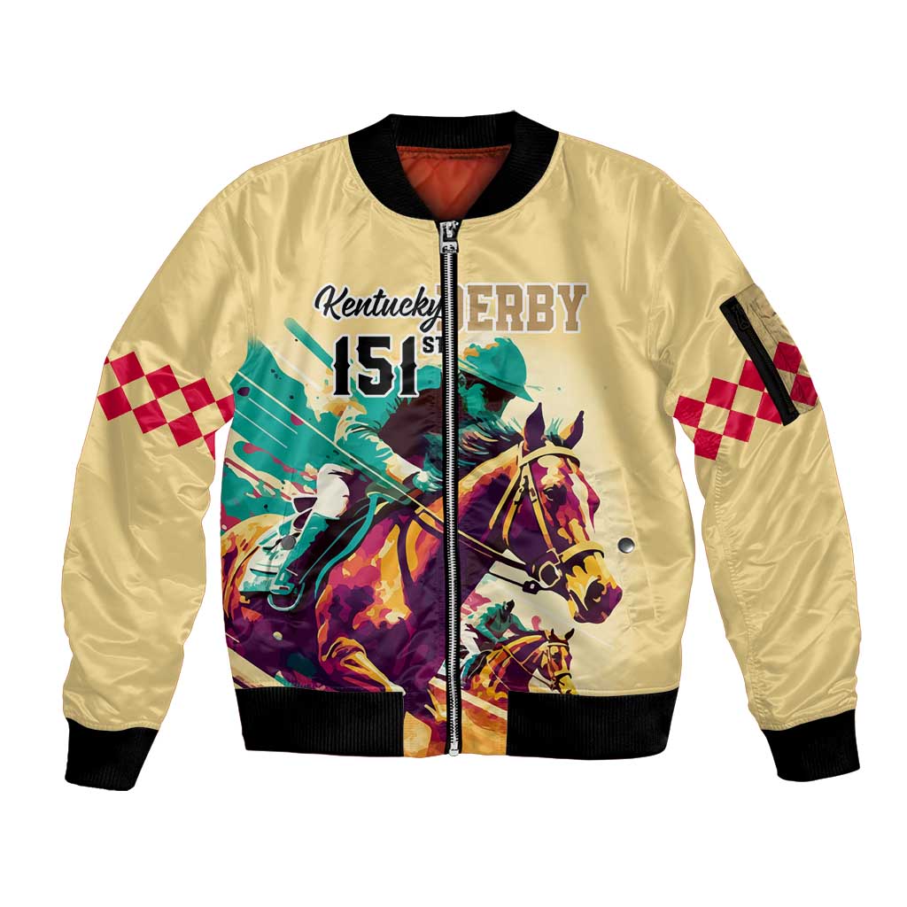 Personalised Kentucky Horse Racing Sleeve Zip Bomber Jacket 151st Anniversary Sporting Art Gold Version LT9