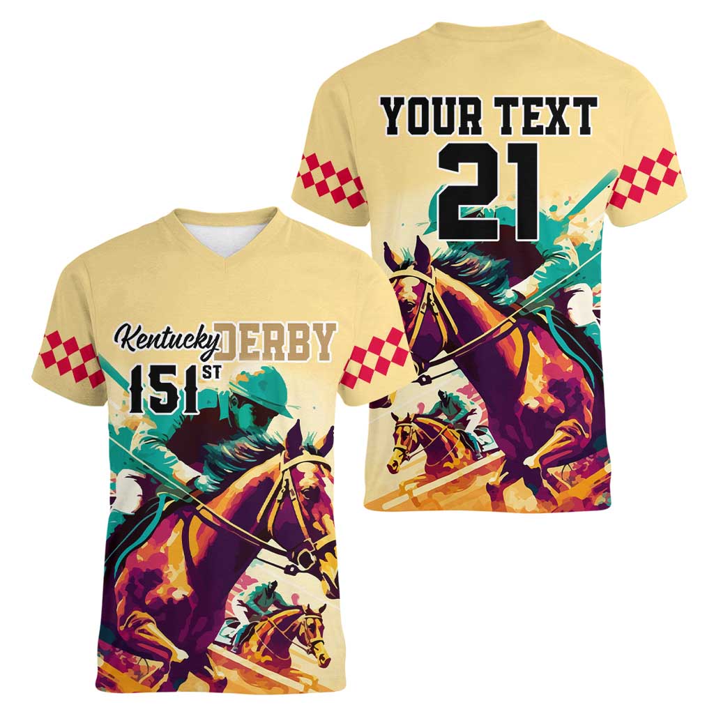 Personalised Kentucky Horse Racing Women V Neck T Shirt 151st Anniversary Sporting Art Gold Version LT9
