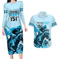 Kentucky Horse Racing Couples Matching Long Sleeve Bodycon Dress and Hawaiian Shirt 151st Anniversary Sporting Art Blue Version LT9