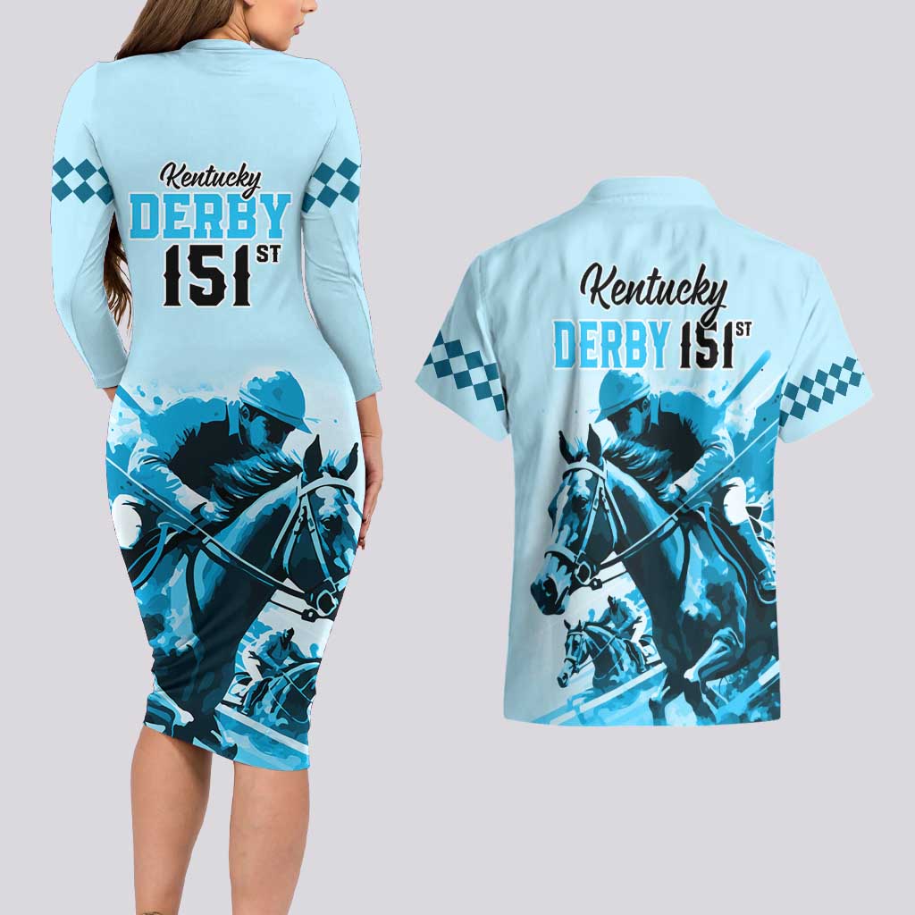 Kentucky Horse Racing Couples Matching Long Sleeve Bodycon Dress and Hawaiian Shirt 151st Anniversary Sporting Art Blue Version LT9