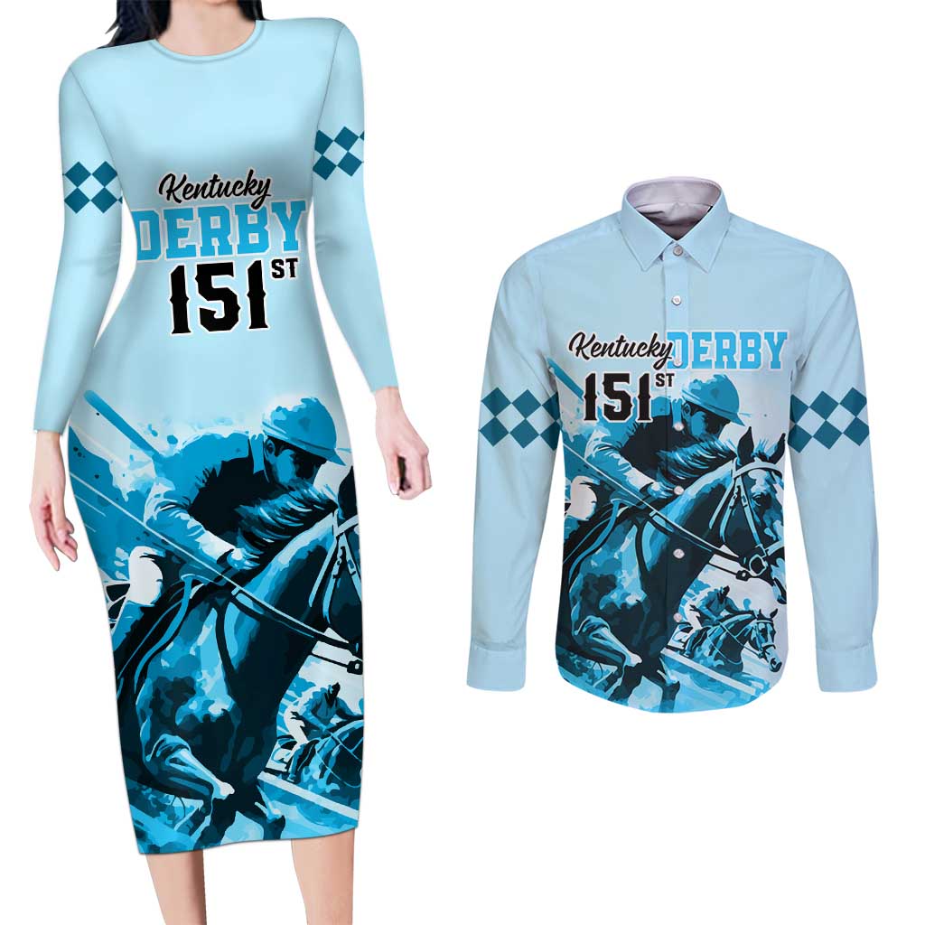 Kentucky Horse Racing Couples Matching Long Sleeve Bodycon Dress and Long Sleeve Button Shirts 151st Anniversary Sporting Art Blue Version LT9