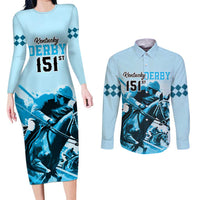 Kentucky Horse Racing Couples Matching Long Sleeve Bodycon Dress and Long Sleeve Button Shirts 151st Anniversary Sporting Art Blue Version LT9