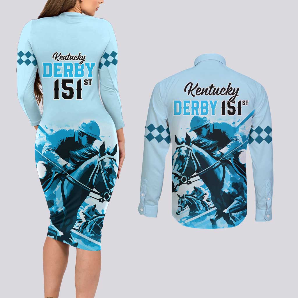 Kentucky Horse Racing Couples Matching Long Sleeve Bodycon Dress and Long Sleeve Button Shirts 151st Anniversary Sporting Art Blue Version LT9