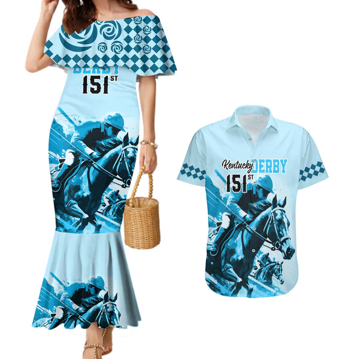 Kentucky Horse Racing Couples Matching Mermaid Dress and Hawaiian Shirt 151st Anniversary Sporting Art Blue Version LT9