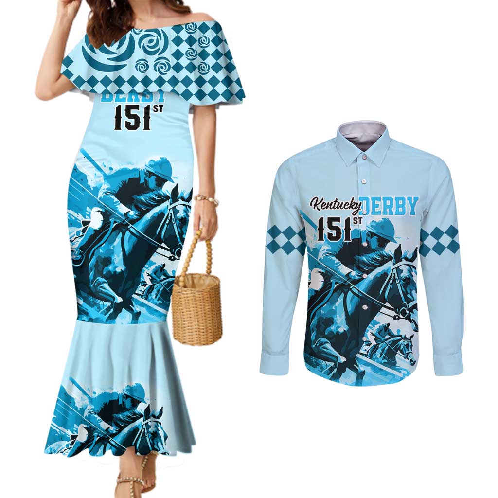 Kentucky Horse Racing Couples Matching Mermaid Dress and Long Sleeve Button Shirts 151st Anniversary Sporting Art Blue Version LT9