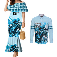 Kentucky Horse Racing Couples Matching Mermaid Dress and Long Sleeve Button Shirts 151st Anniversary Sporting Art Blue Version LT9